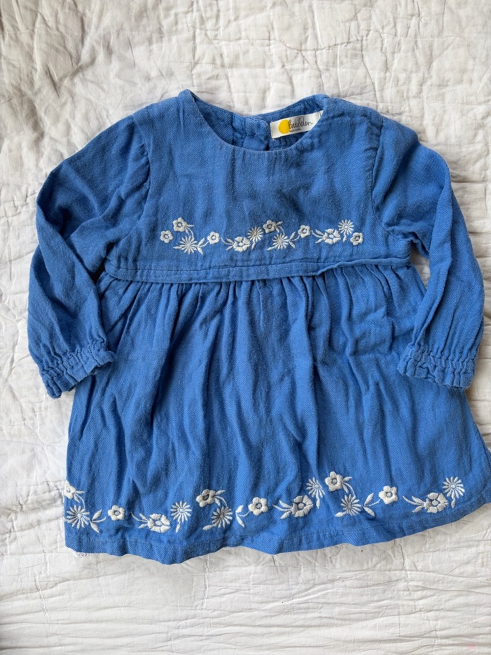 Mini Boden Blue Embroidered Floral Long-Sleeve Dress, 3-6 mo